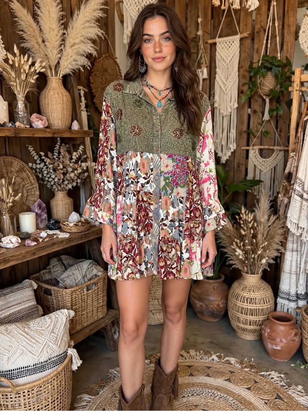 Young Threads Boho Patchwork Floral Tunic Top